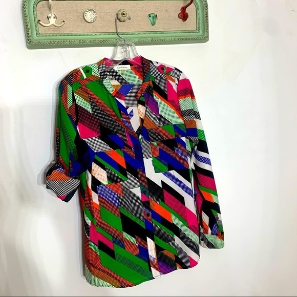 Calvin Klein multicolor long tab sleeve career blouse small women’s professional - Picture 1 of 6